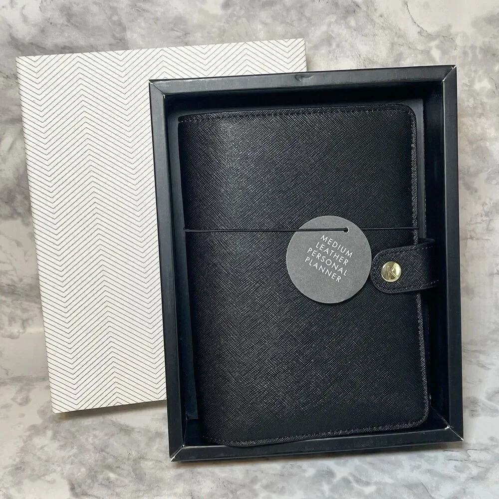 Kikki K Black Leather Personal Planner Medium Gold Snap Organizer New Boxed-READ